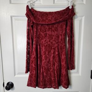 Wild Fable Off-shoulder Burgundy Red Velvet Floral Print Mini Dress